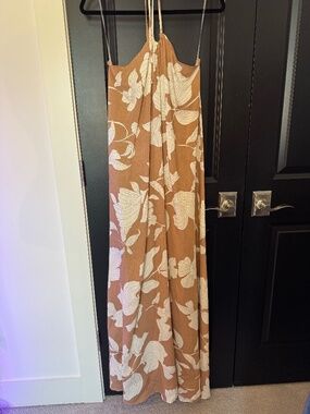 Molly Bracken Brown + Cream Floral Halter Maxi Dress Open Back NWT